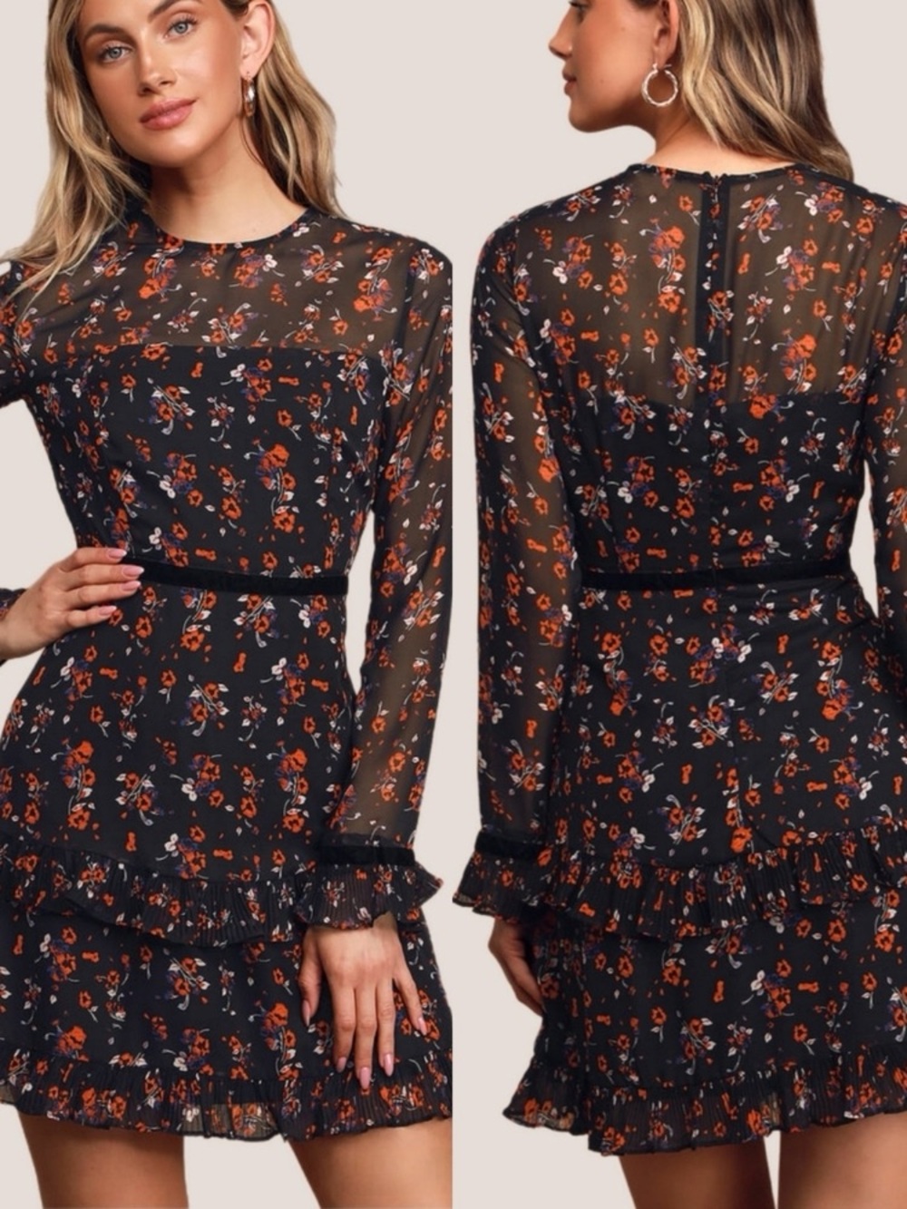 Lulus Floral to See Black Floral Print Long Sleeve Mini Dress Women Size Sm  NWT
